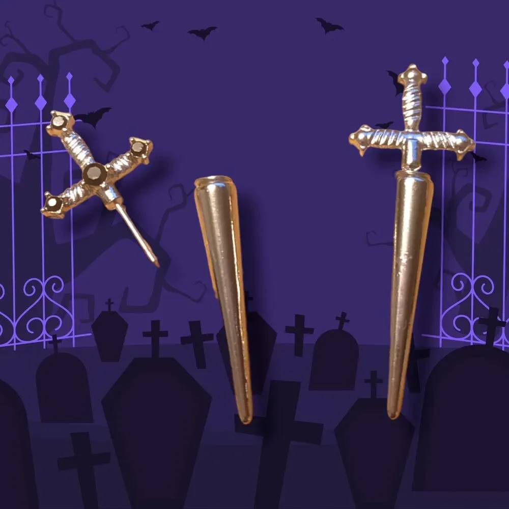 Silver Rhinestones DAGGER Earrings Halloween Gothic Stab